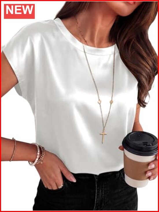 Tops - Silky Satin Cap Sleeve Blouse Crew Neck Womens Dressy Business Casual Office Top